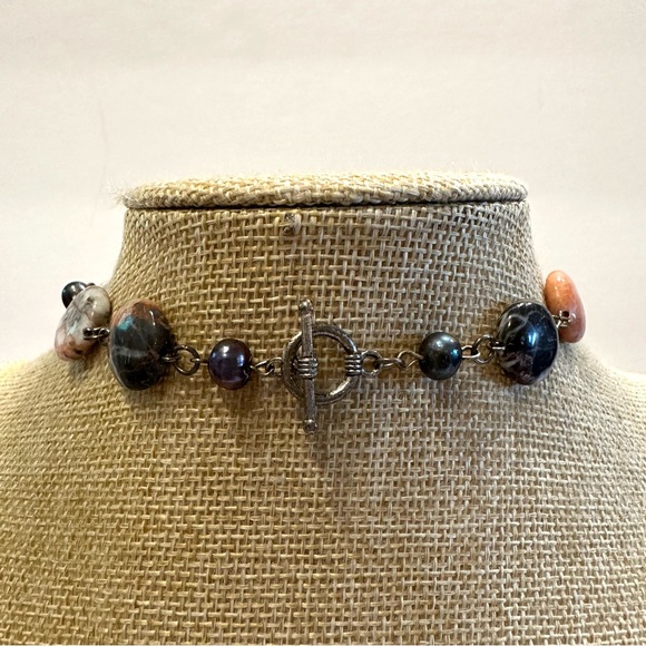 Multi Gemstone Genuine Necklace w/ black baroque pearls, Silver tone w/ toggle - Picture 10 of 11